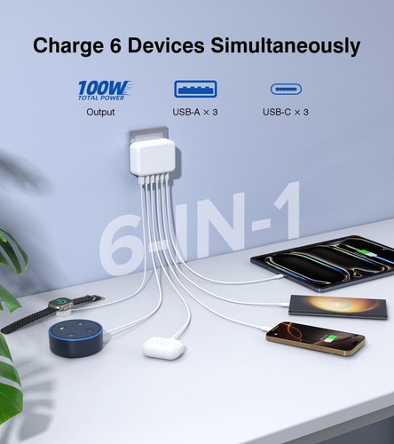 100W USB C Wall Charger Block, 6 Port Fast Charger Plug Adapter with PD USB-C... - Picture 2 of 8