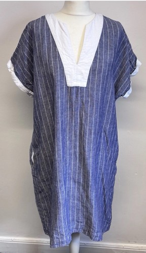The White Company Linen Dress Size 14 Blue White Stripe Pockets 100% Linen