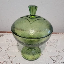 Mid Century 50s Jeanette Green Glass Covered Candy Dish Bowl Compote Textured