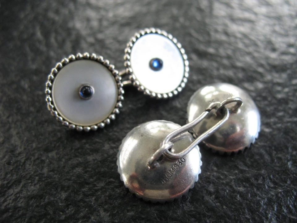 Manschettenknöpfe Silber 830 Hochfein mit Perlmutt + blaue Steine von ca. 1930 - Bild 2 von 4