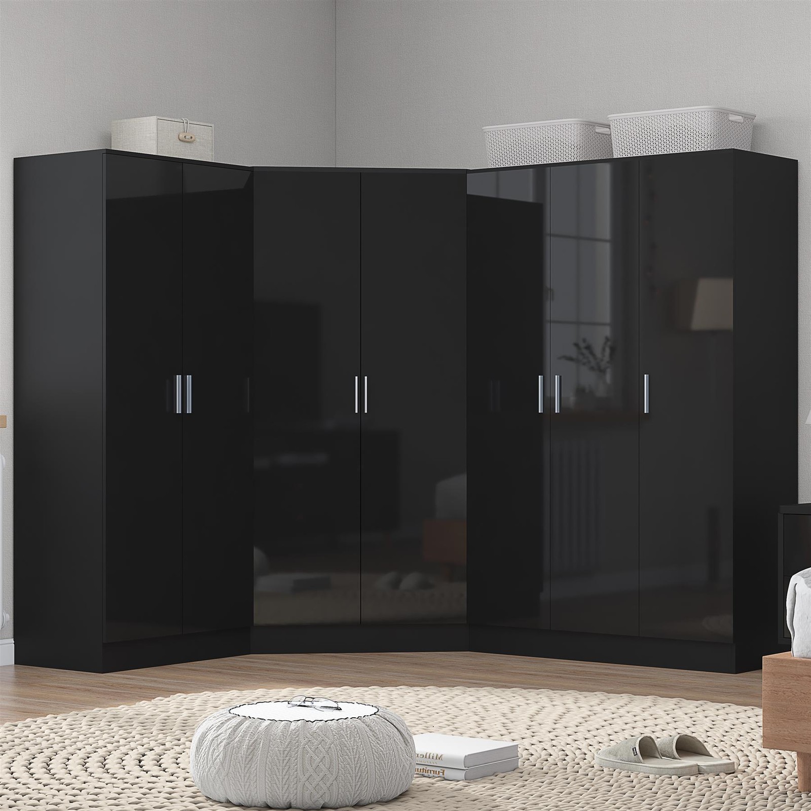REFLECT Wardrobe Bundle: Corner 2 Door + 3 Door + 2 Door Plain - Black/Black