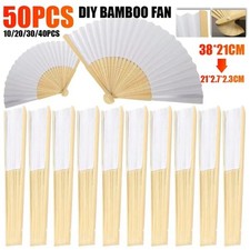 50-Piece White Paper Folding Fans, DIY Bamboo Hand Fans, 14.96 in Wide