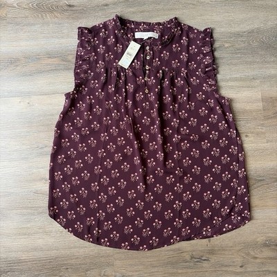 Loft Women's NWT Burgundy Floral Print Sleeveless Blouse Size Medium Petite
