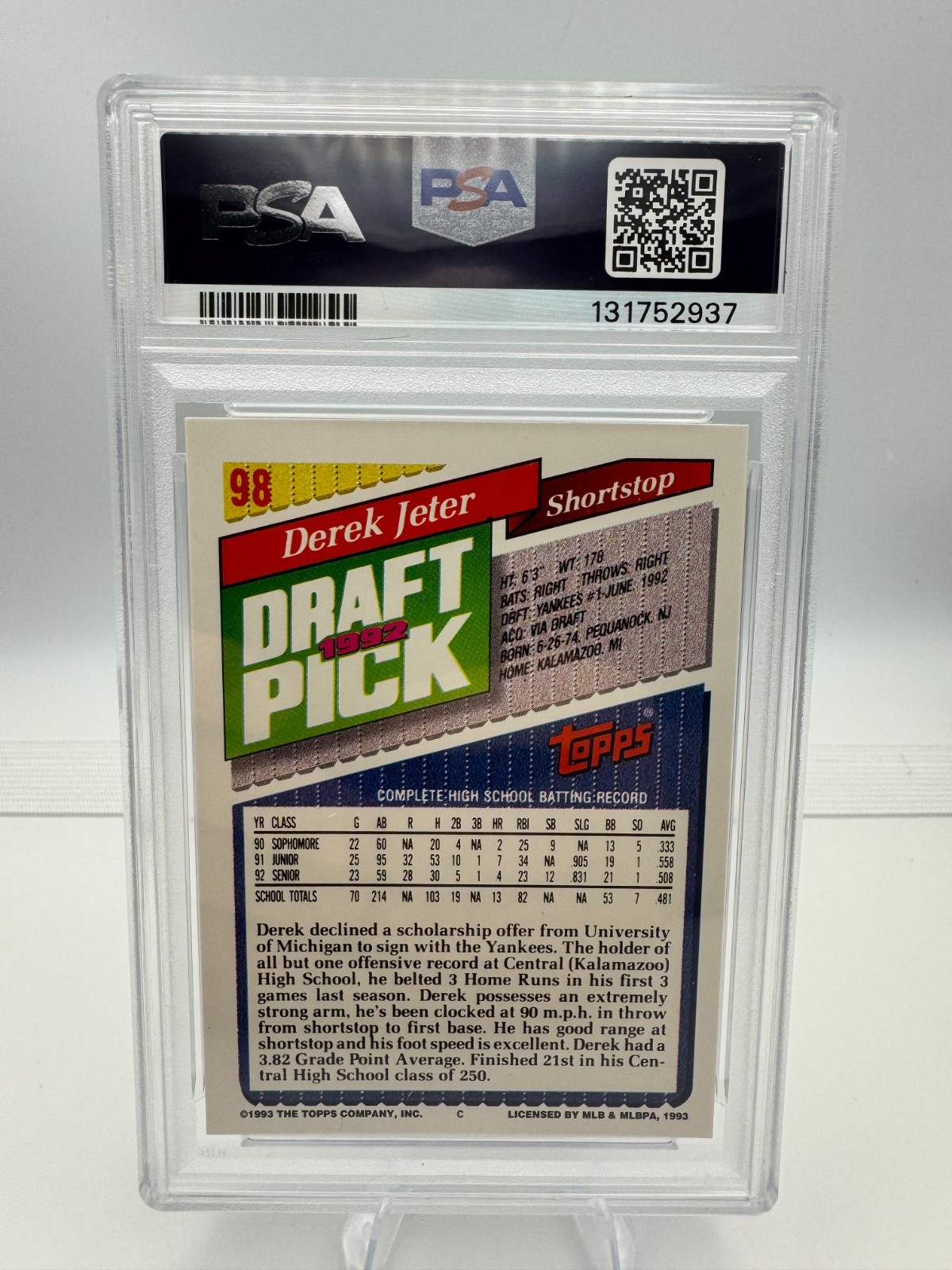 Topps 1993 Topps Derek Jeter Yankees #98 RC 1992 Draft Pick PSA 8 view 2