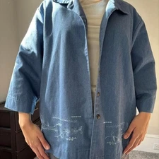 Granny Core Blue denim button-up jacket Shacket with embroidered details - Large