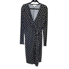 Michael Michael Kors Navy Gold Logo Chain Print Long Sleeve V Neck Dress Large