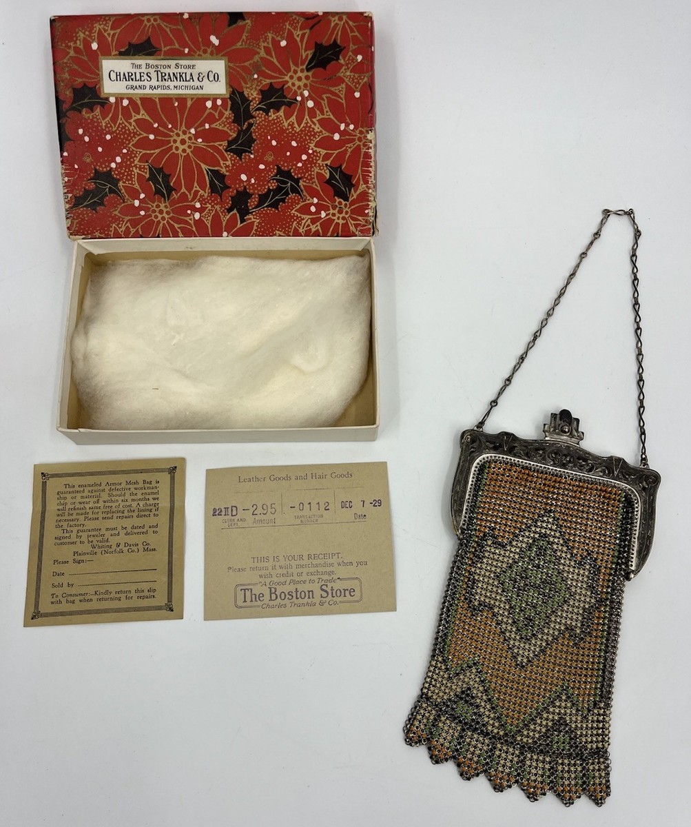 Whiting and Davis Enameled Mesh Purse with Original Receipt and