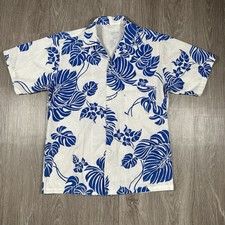 Vintage Aloha Shirt, Men  s, White, Small, Blue Leaves, 1960-70s, Hawaii