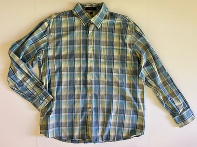 Alan Flusser Men's Shirt Sz L Blue White Plaid Button-Up Long Sleeve Cotton