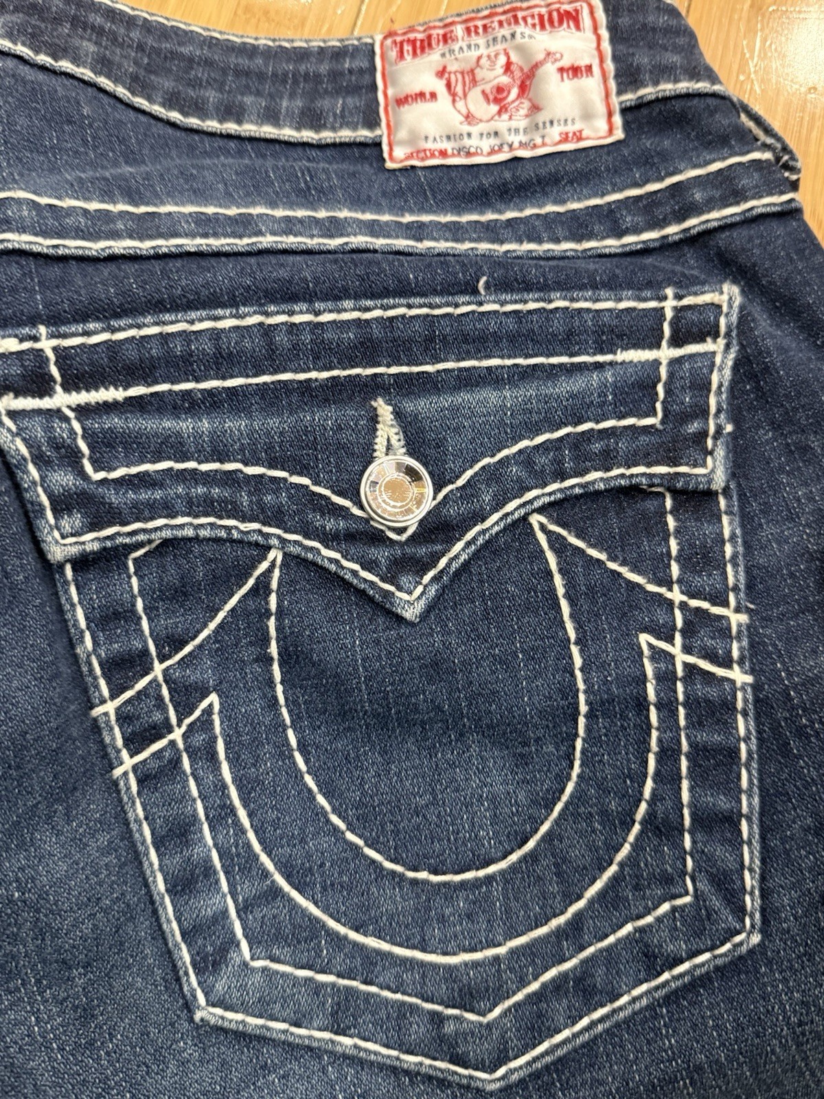 True Religion Jeans Women’s Disco Joey Big T Sz 31 Flare Bottom Blue Denim USA thumbnail 13