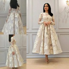 A Line Long Sleeves Lace Appliques Tea Length Evening Gowns Formal Tail Dresses