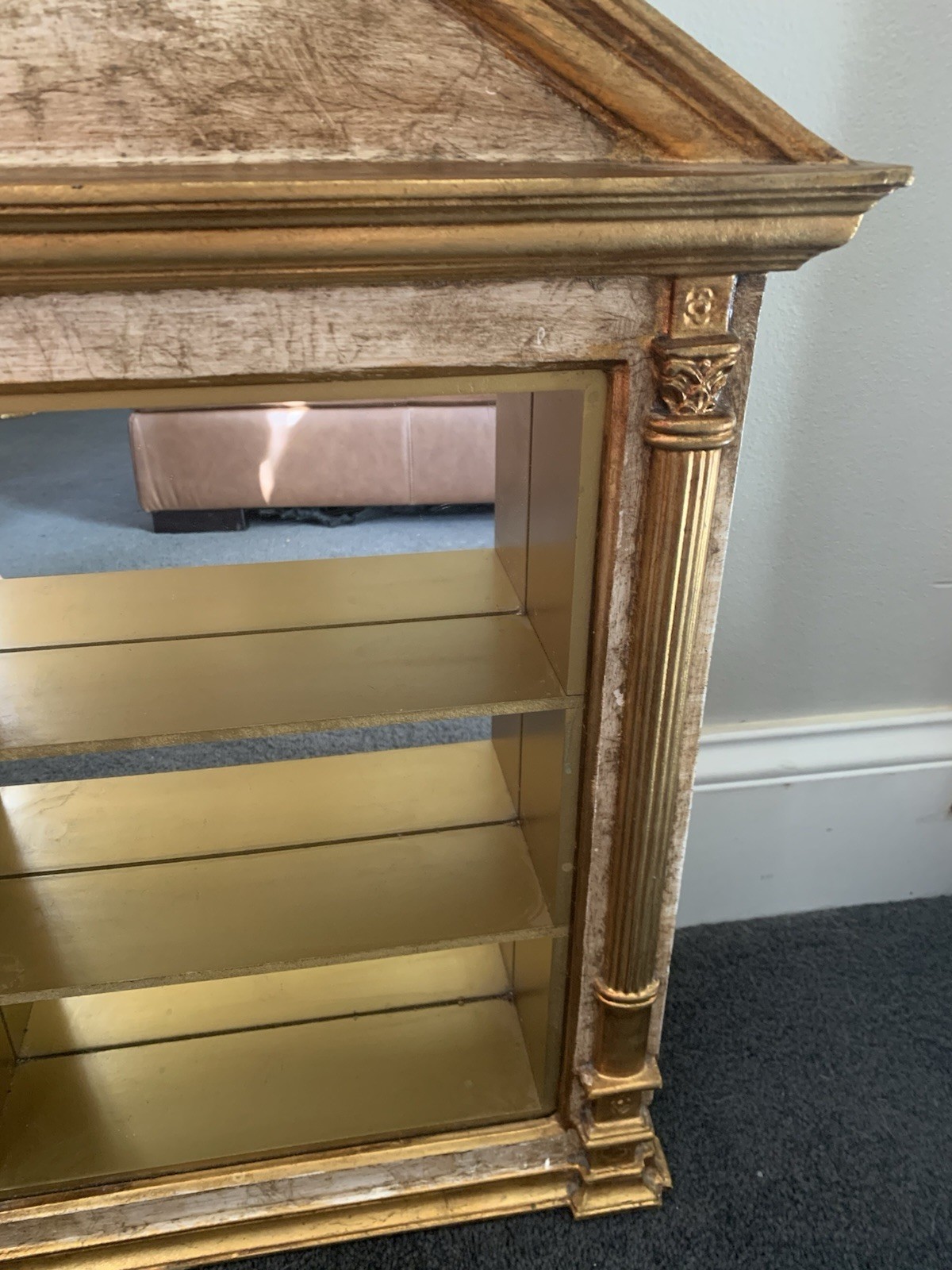 Italian Gold Greek Pediment Display Case Curio Cabinet Shelves w/Mirrored Back