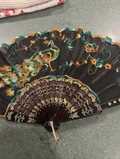 Vintage Asian hand fan embroidered peacock 16 inches