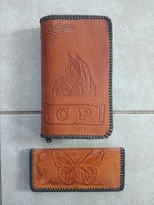 Vintage Western Style Hand Tooled Leather Wallet  Checkbook Cover Set