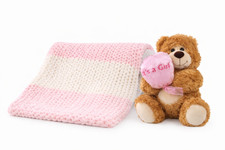 Handmade Chunky Knitted Pink Baby Blanket Cozy Keepsake 30"x30" It's A Boy Bear