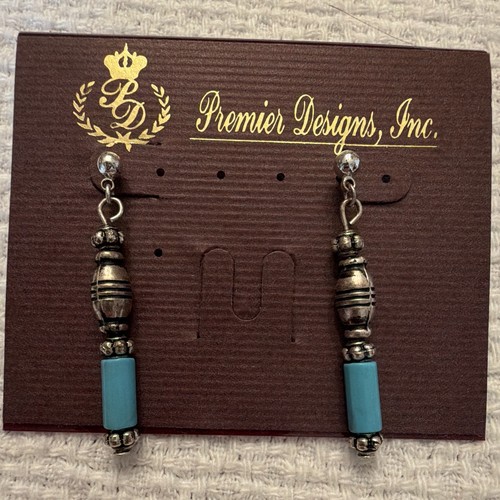 Premier Designs Dakota Dangle/Drop Earrings Silver Tone Blue Bar Stone 3995