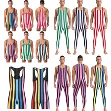Mens Striped Wrestling Singlet Bodysuit One Piece Swimsuit Base Layers Leotard﻿