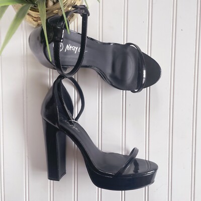 NASTY GAL Black Patent Leather Platform Strappy Heels Women's