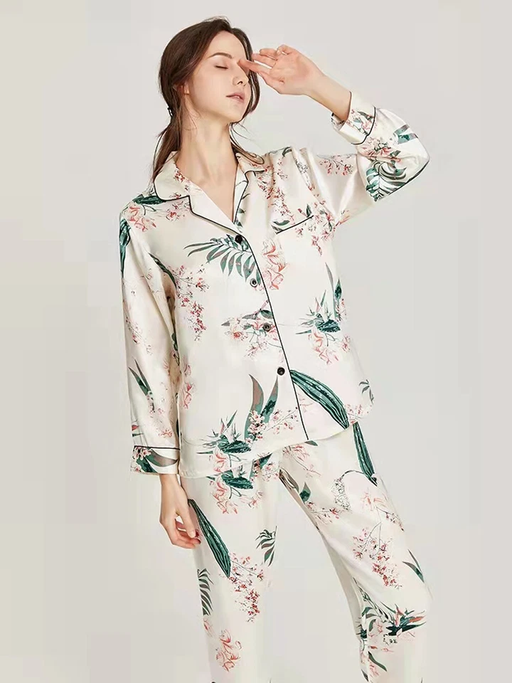 全新 女式 100% 纯桑树印花 真丝睡衣套装 自然丝绸睡衣套装 — 第 2/4 张图片