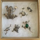 🐸 6 Piece Vintage Silver Frog Jewelry Collection: 3 Brooches, 2 Pendants & Ring