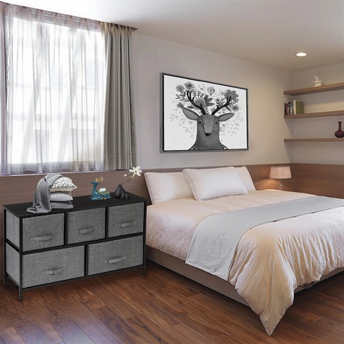 Modern Chest of Drawers Fabric 5 Drawer Dresser Cabinet for Bedroom Living Room - Picture 8 of 13