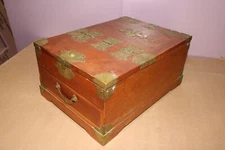 Antique Vintage c.1910 Ornate Oak & Brass Traveling Shaving Mirror Jewelry Box