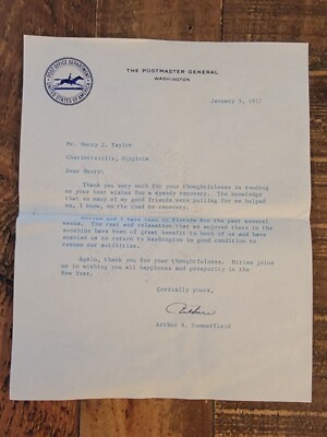 ARTHUR E. SUMMERFIELD - Postmaster General - TYPED LETTER SIGNED 1/3/1957