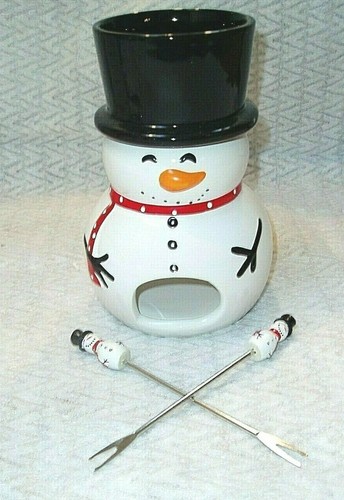 NIB, "CHEF'S BEST CERAMIC SNOWMAN FONDUE 4-Piece SET", Includes 2 Forks - Picture 4 of 6