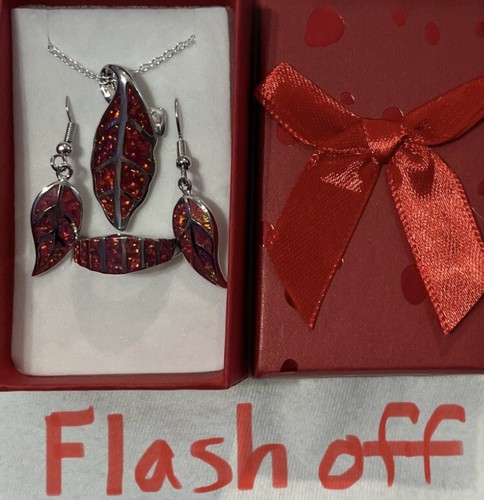 Exquisite Red Fire Opal Leaf Necklace, Dangle Earrings, & Ring Size 8 Set - Picture 6 of 8
