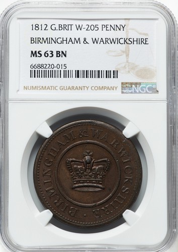 Great Britain - 1812 Birmingham & Warwickshire Penny Token - NGC MS63 BN - NICE! - Picture 1 of 2
