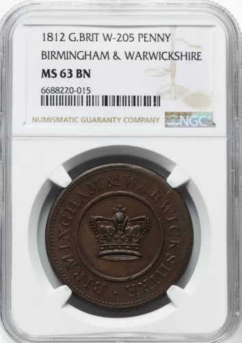 Great Britain - 1812 Birmingham & Warwickshire Penny Token - NGC MS63 BN - NICE!