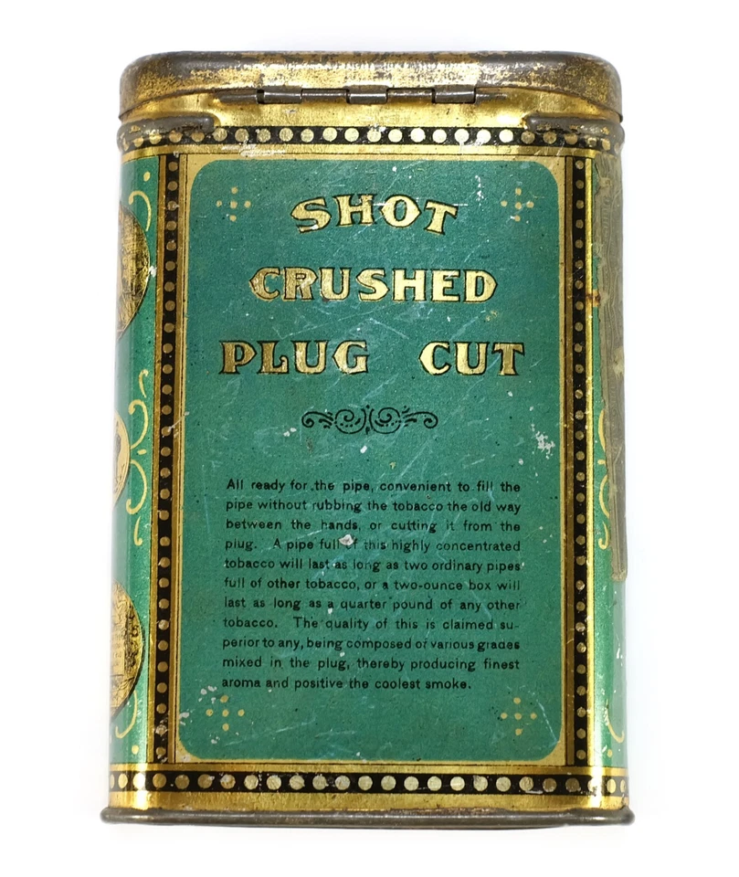 Contenedor de lata de tabaco antiguo publicidad corte tapón triturado raro principios del siglo XIX Foto 2 de 2