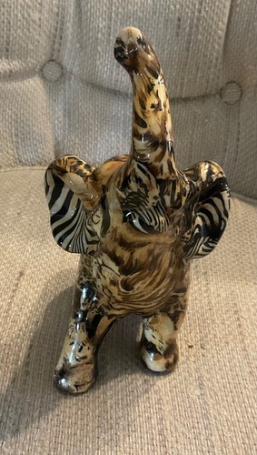 La Vie Elephant Figurine Safari Animal Print Patchwork Ceramic 9” x 8” Vintage - 第 2/5 張圖片