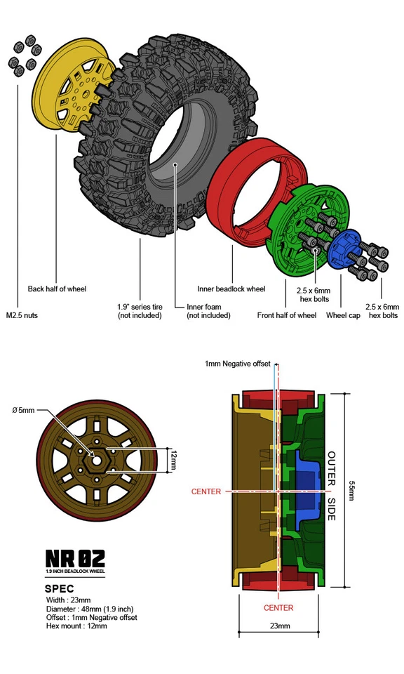 Колеса Gmade NR02 1,9 дюйма Beadlock черные (2) - Изображение 3 из 4
