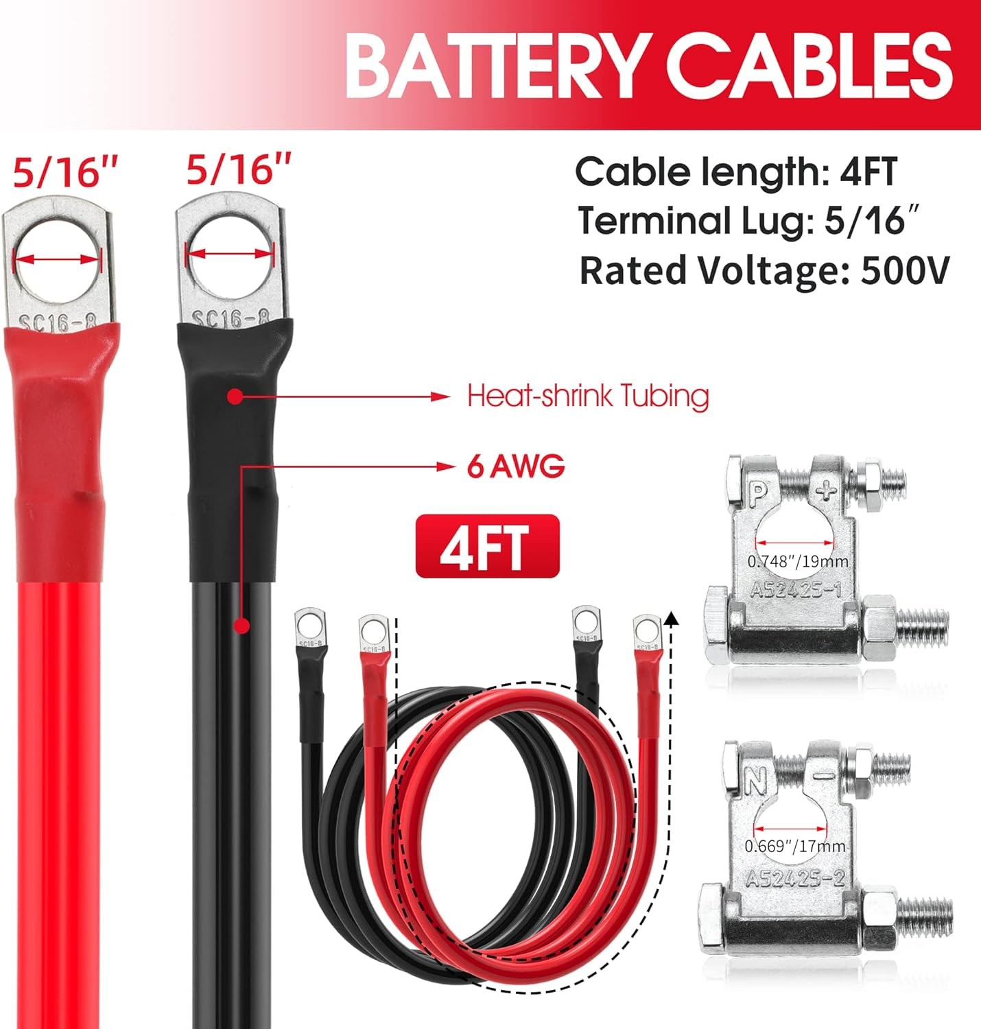 6 AWG Battery Cable 6 Gauge Battery Wires with 5/16 Terminals Power