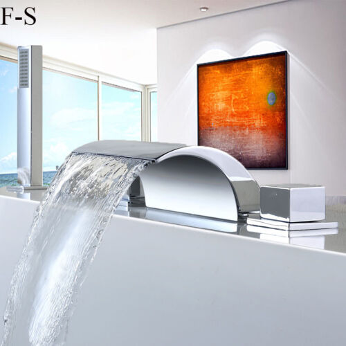 5PCS Waterfall Bathtub Faucet Chrome Rainfall Hand Spray Deck Mounted Mixer Tap