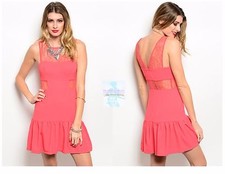 Fashion Coral Dress Lace Ruffled Hem Sleeveless Casual Mini Women Style Fitted