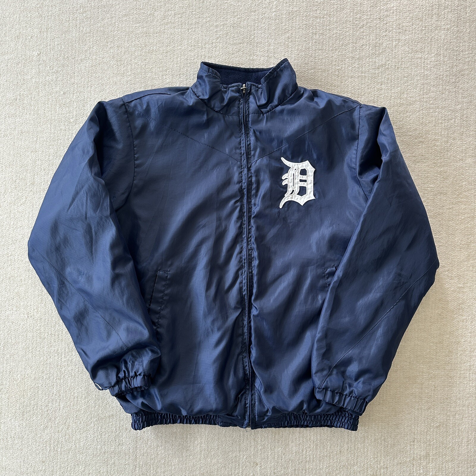 Detroit Tigers Reversible Jacket Mens L Nylon Fleece Warm Up Dug Out Zip Up
