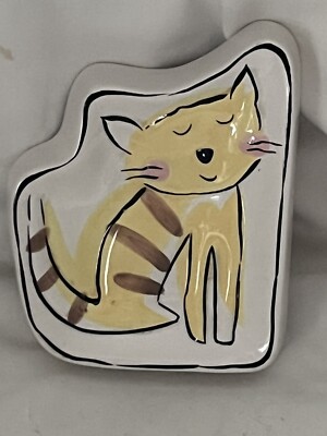 Jenny Faw Striped Yellow Kitty Cat Dish Trinket Tray Soap Sponge 
