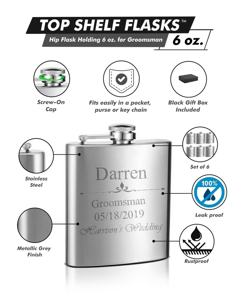 6 Pack Top Shelf Flasks Personalized Custom Engraved 6oz Stainless