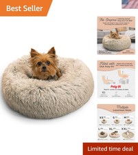 Calming Donut Dog and Cat Bed, Shag Faux Fur, Taupe, XS 18in x 18in - Anxiety...