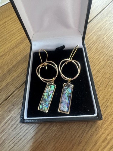 Gold Plated Pull Thru Earrings In A Sphere Shaped Design With Natural Abalone - Picture 1 of 2