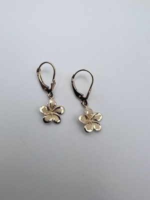 Plumeria Flower Dangle Earrings  14K Yellow Gold Jewelry 2.3g Free Shipping