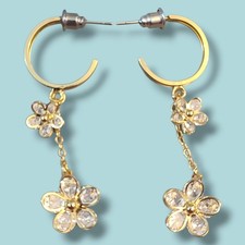 Gold Plated Crystal Flower Dangle Hoop Earrings Sparkly Drop Floral Hoops