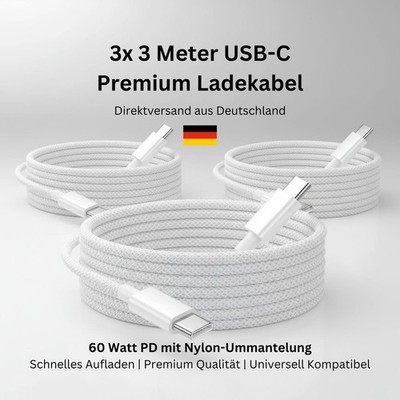 3x 3 Meter USB-C Premium Ladekabel Set Datenkabel für iPhone Samsung Google  