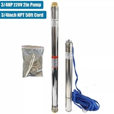 2" OD 3/4HP Deep Well Submersible Pump 220V 6 GPM 164FT Max 26 Stage 50FT Cord