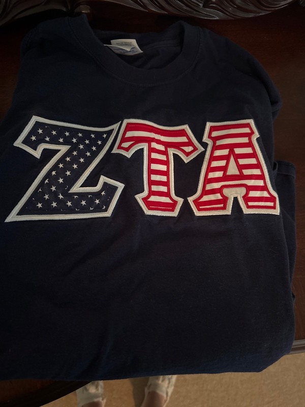 Zeta Tau Alpha Sorority ZTA Double Stitched Letter Shirt-blue-Size Medium