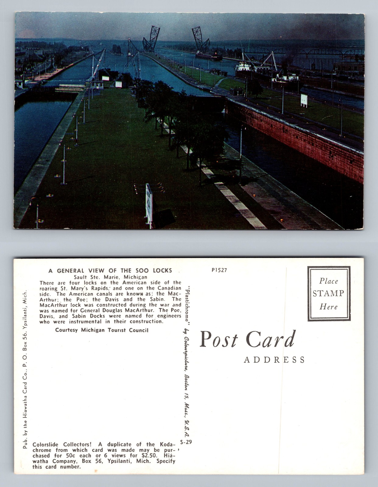 Vintage postcard view of Soo Locks Ship Channel in Sault Ste Marie Michigan