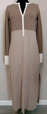 max mara Women Brown Beige Colorblock Ivory Trim Vneck Longsleeve Dress Size M