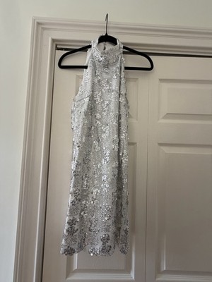 Amanda Uprichard Cleora Sequin Mini Dress Silver Floral High Neck Sleeveless M